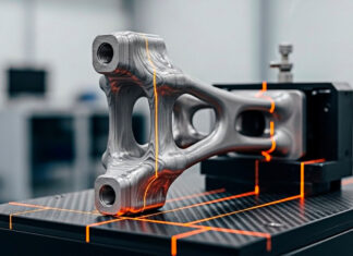 A 3D printed metal part being inspected on a quality control machine in a factory