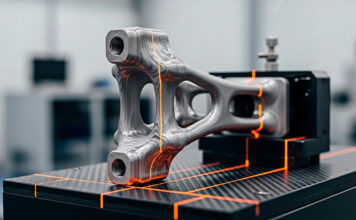 A 3D printed metal part being inspected on a quality control machine in a factory