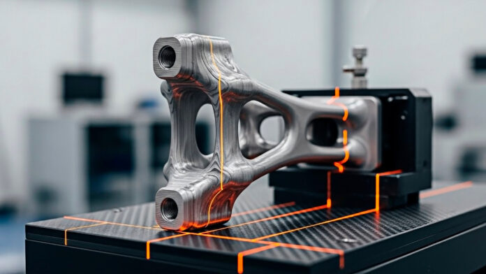 A 3D printed metal part being inspected on a quality control machine in a factory