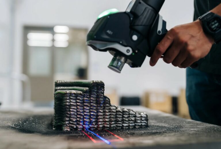 Handheld scanner examining a dark component with red projected lines.