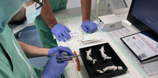 A medical team practicing on a 3D printed silicone aorta. Credit: Lynxter.