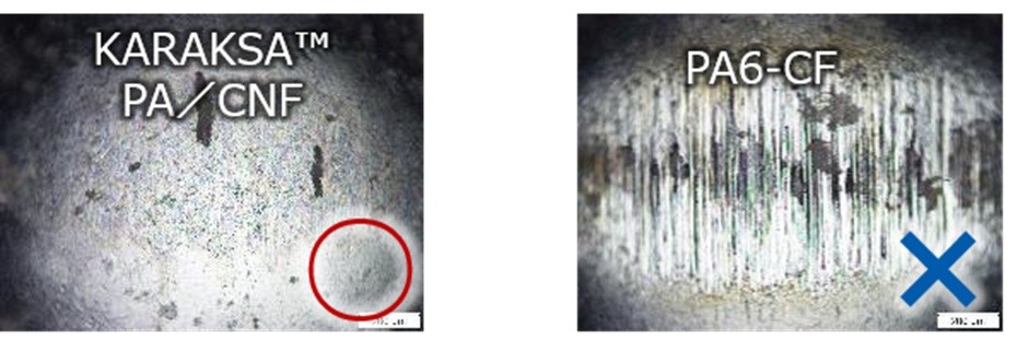 Microscope images comparing counterface wear with PA/CNF and PA6-CF.