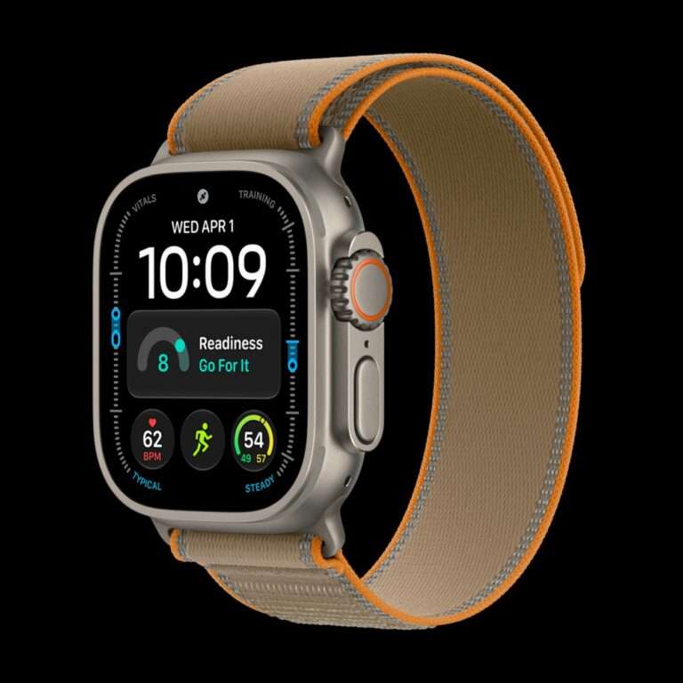 Apple Watch Ultra 4 with a titanium case and an orange strap.