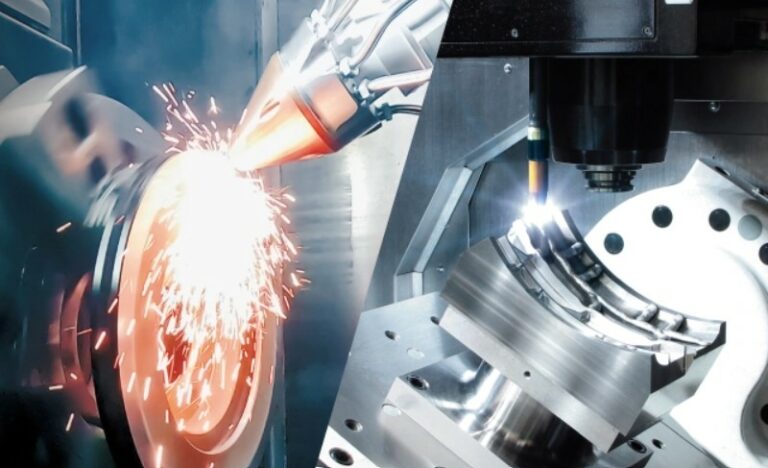 Welding and machining operations shown side by side.