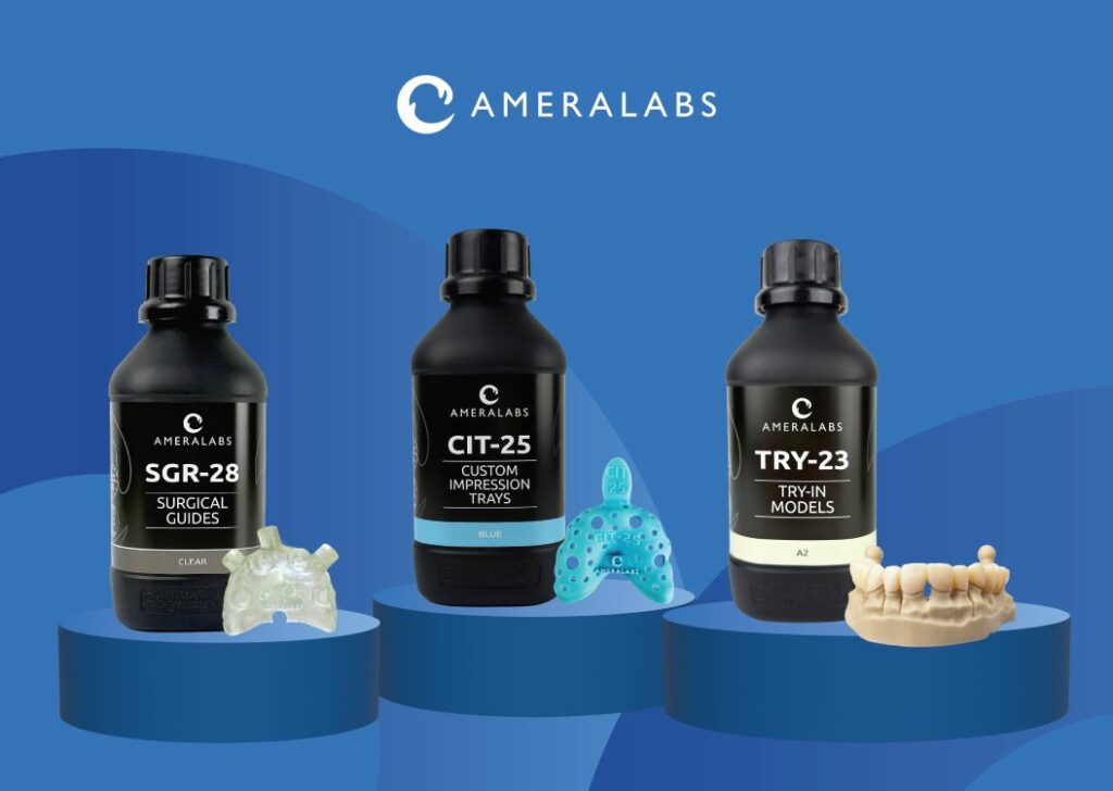 AmeraLabs SGR-28, CIT-25 and TRY-23 resin bottles with dental models.