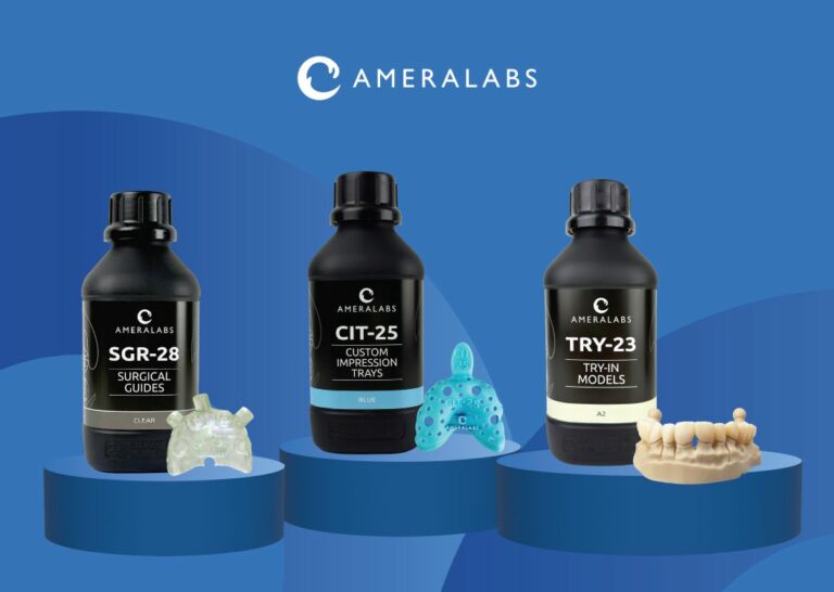 AmeraLabs SGR-28, CIT-25 and TRY-23 resin bottles with dental models.