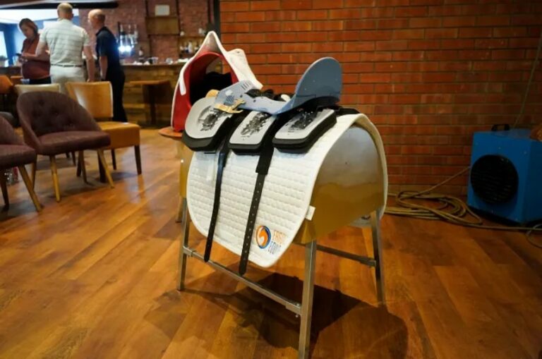 Ergon Equine saddle-tree assembly displayed on a stand.