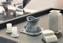 The first publicly displayed non-oxide ceramic components from Sinto Advanced Ceramics Europe GmbH at ESA Industry Space Days 2026: aluminum nitride sleeves (left), a silicon nitride hold-down component (center), and an aluminum nitride heat exchanger (right). © Sinto Advanced Ceramics Europe GmbH