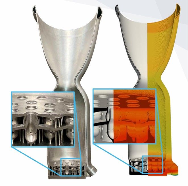 Composant aérospatial à côté d’une simulation thermique et de vues détaillées.