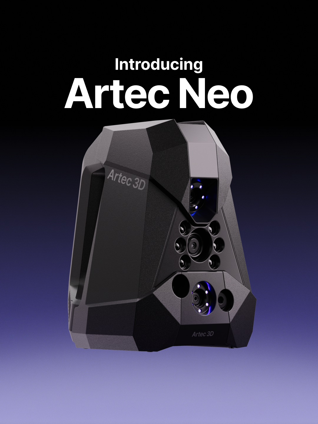 Artec Neo handheld 3D scanner shown in a product launch graphic.