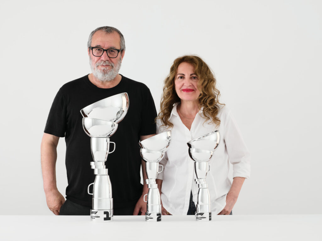 Stella Scala and Simeone Crispino of vedovamazzei beside the FRAGILE trophies.