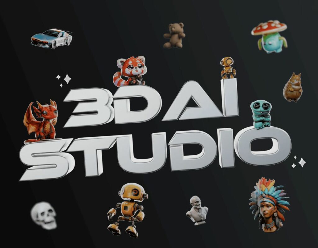 3D AI Studio logo surrounded by AI-generated 3D models, including a robot, a dragon, a red panda and a car