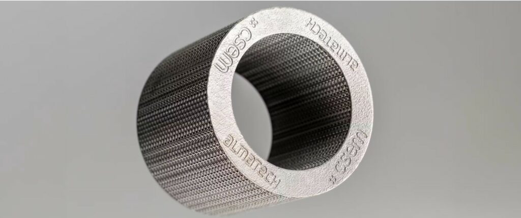 3D printed NiTi lattice cylinder engraved with the CSEM and Almatech logos, the RESHAPE shock absorber demonstrator
