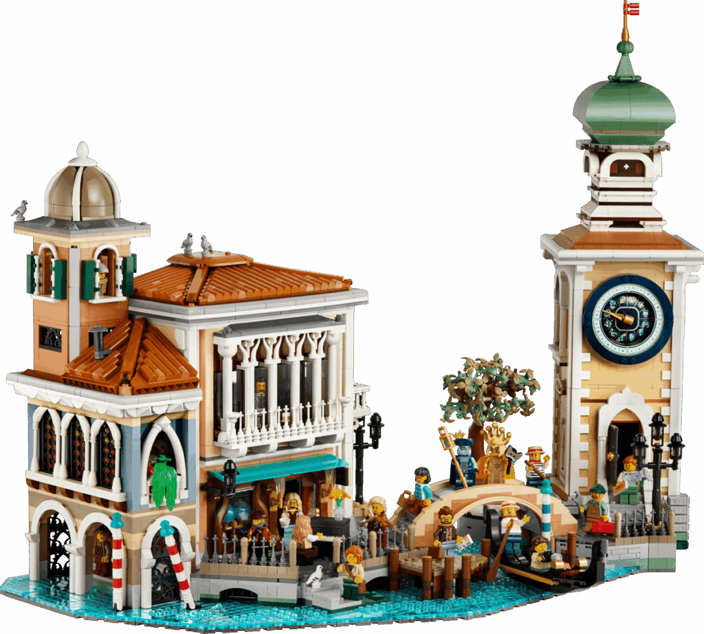 LEGO Icons Venetian Neighborhood set with a canal, gondola, arched bridge and clock tower